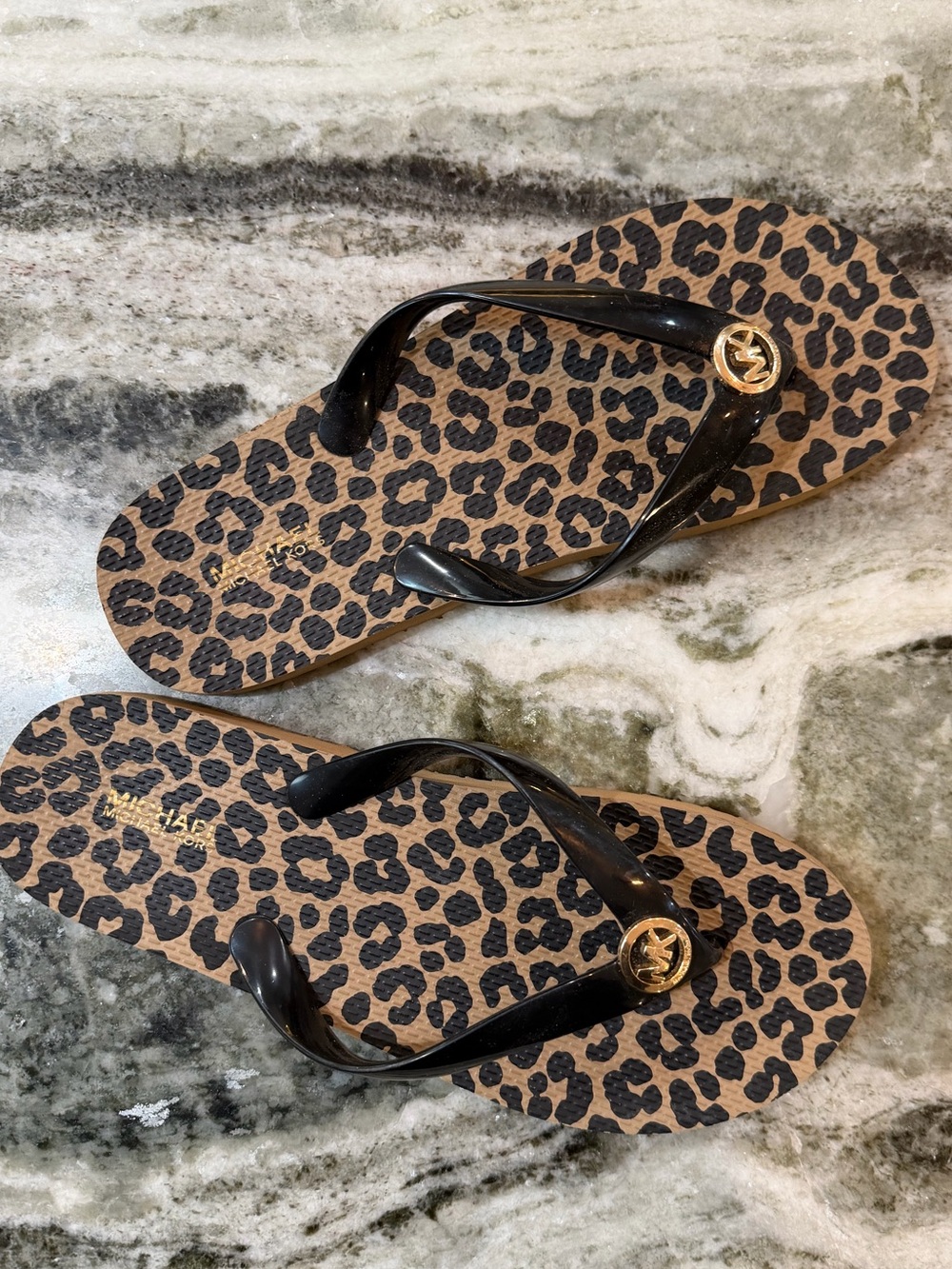 Michael Kors Leopard Print Flip Flop Sandals with Black Straps